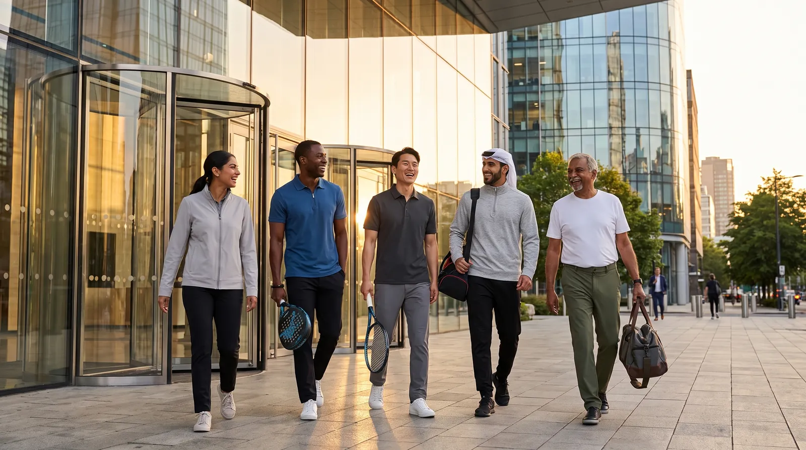 Five colleagues of different ages and backgrounds wearing Charcoal polos, trousers and layers, walking out of an office building together in the evening
