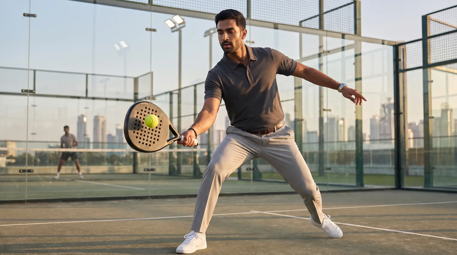 The same man in the same charcoal Snap Polo playing a forehand on a padel court at sunset