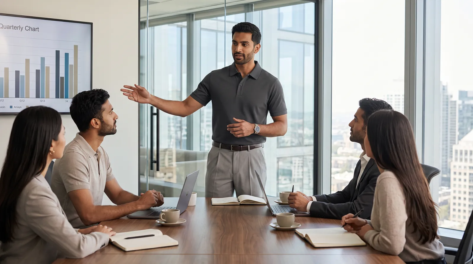 A man in the charcoal Snap Polo and light grey trousers presenting a quarterly review in a glass boardroom
