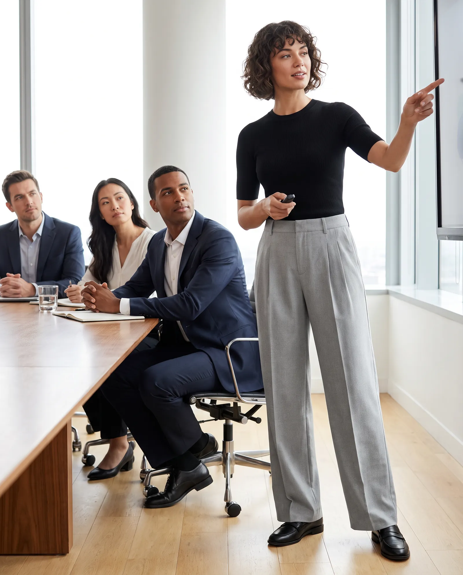 A woman in light grey pleated trousers and a black knit top presenting a pitch to her team