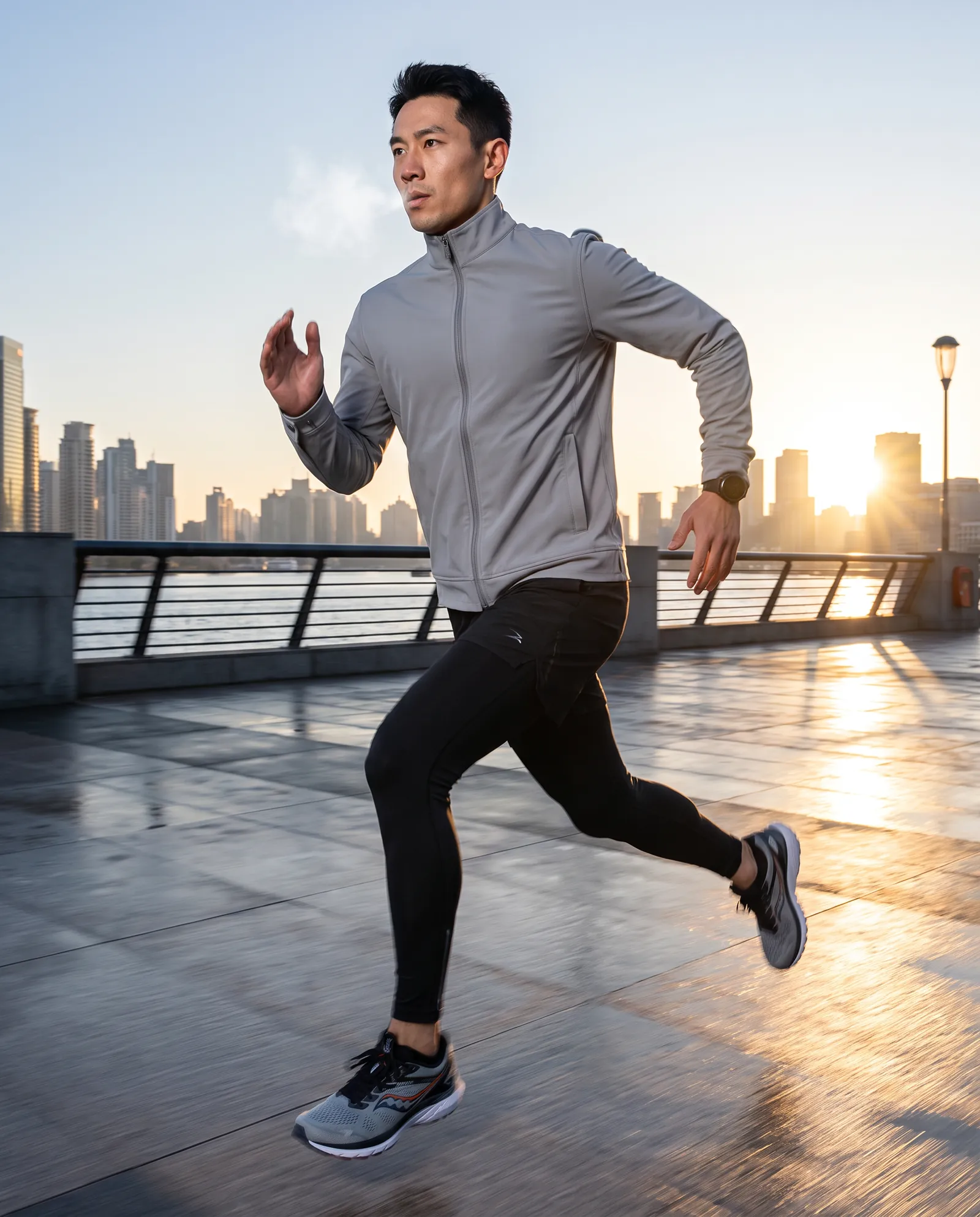 The same man in the zipped jacket running along a waterfront promenade at dawn