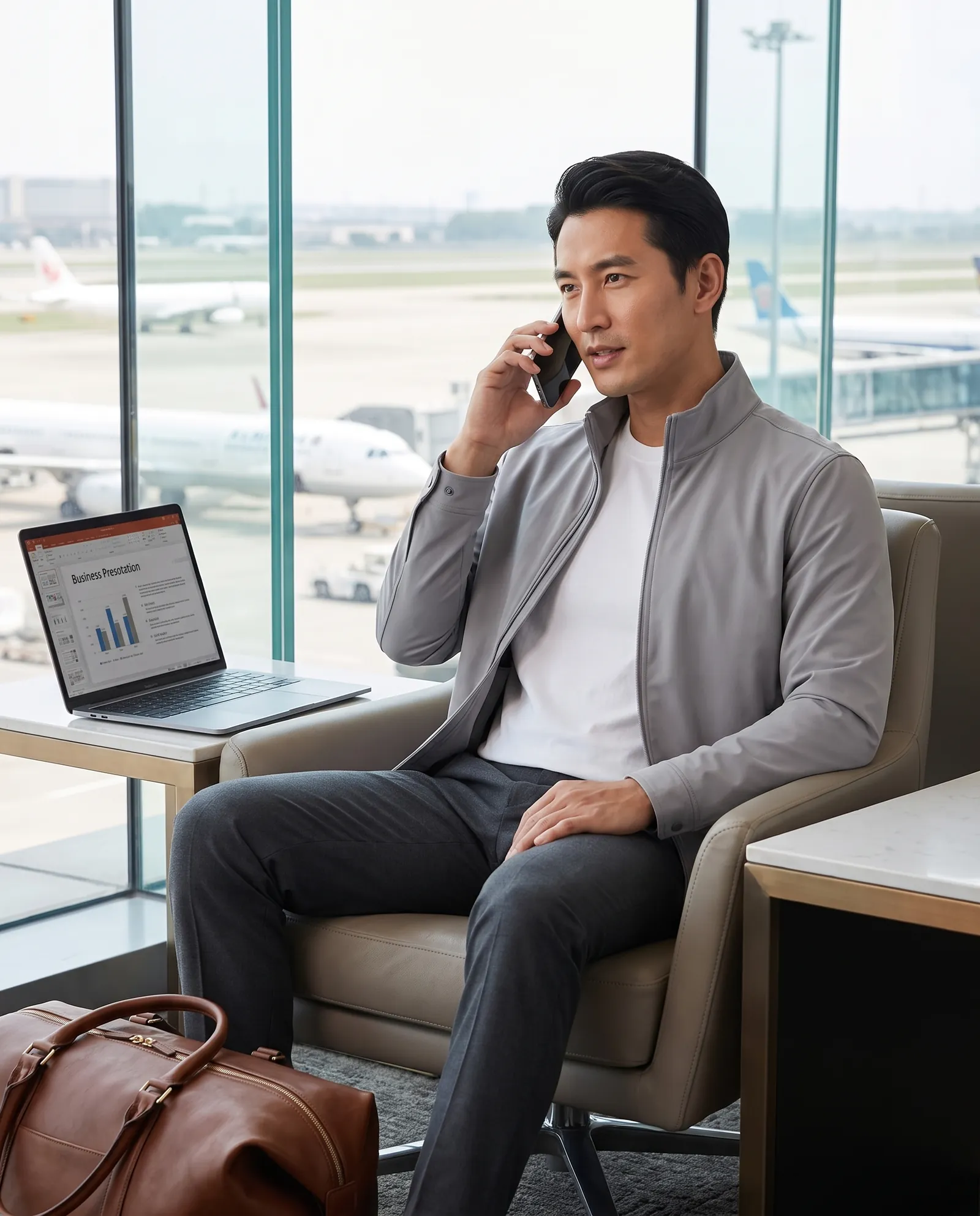 A man in the light grey Zip Jacket taking a work call in an airport business lounge