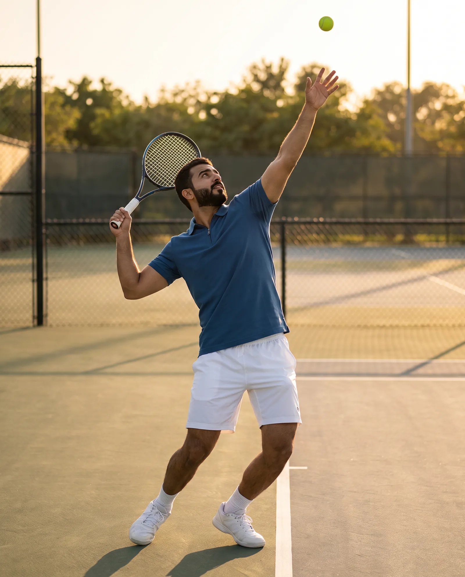 The same deep blue polo at the top of a tennis serve on a hard court