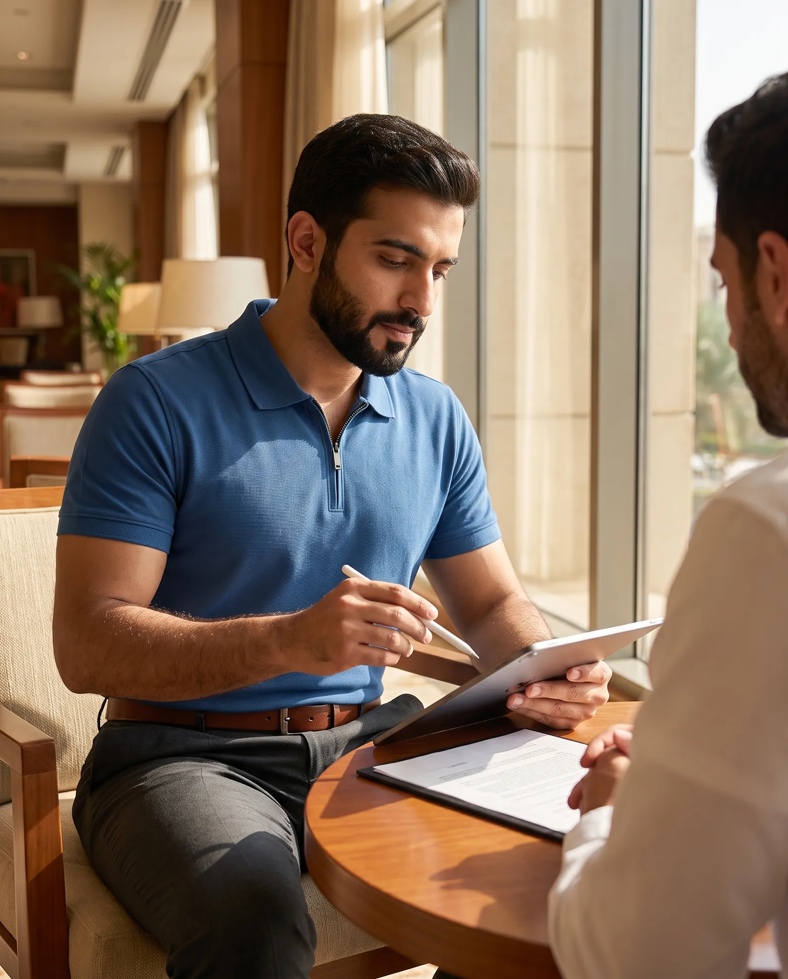 A man in the deep blue zip polo reviewing a contract with a client in a hotel lounge
