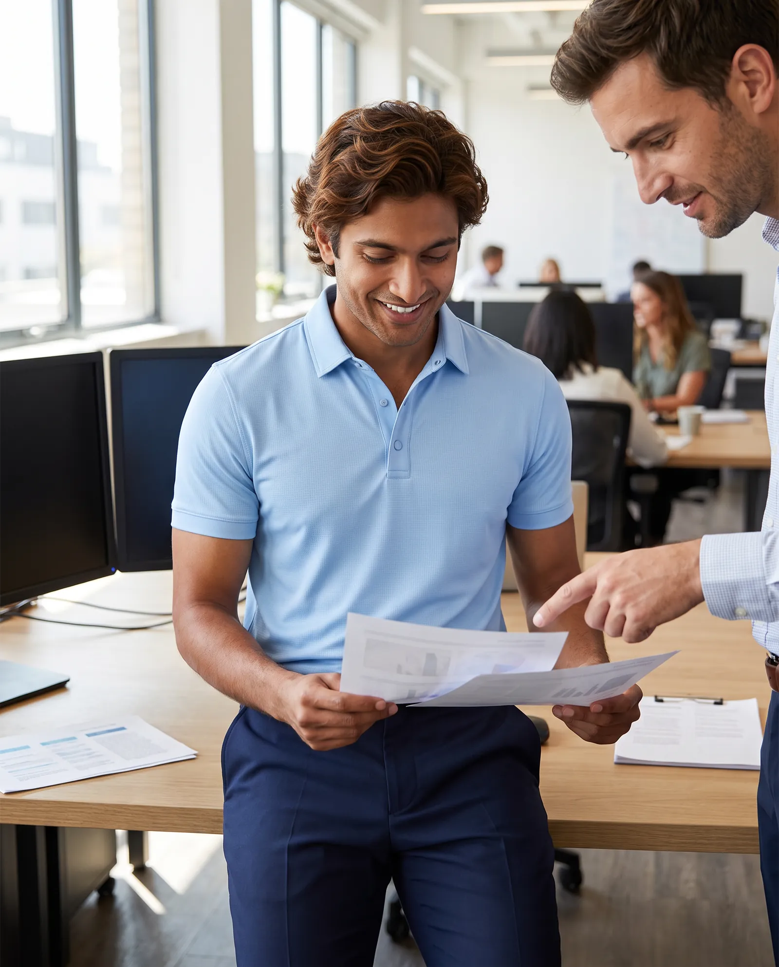 A man in the sky blue snap polo reviewing documents at his desk with a colleague