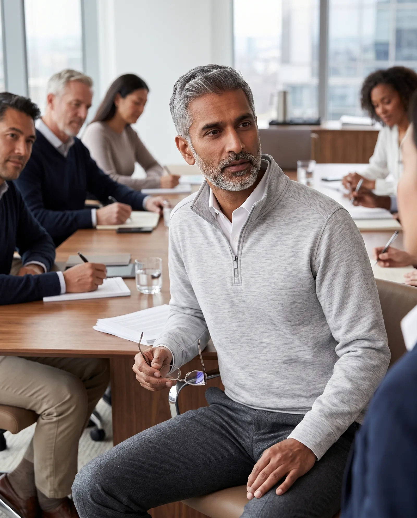 A senior man in the heather Quarter Zip over a white shirt chairing a boardroom meeting