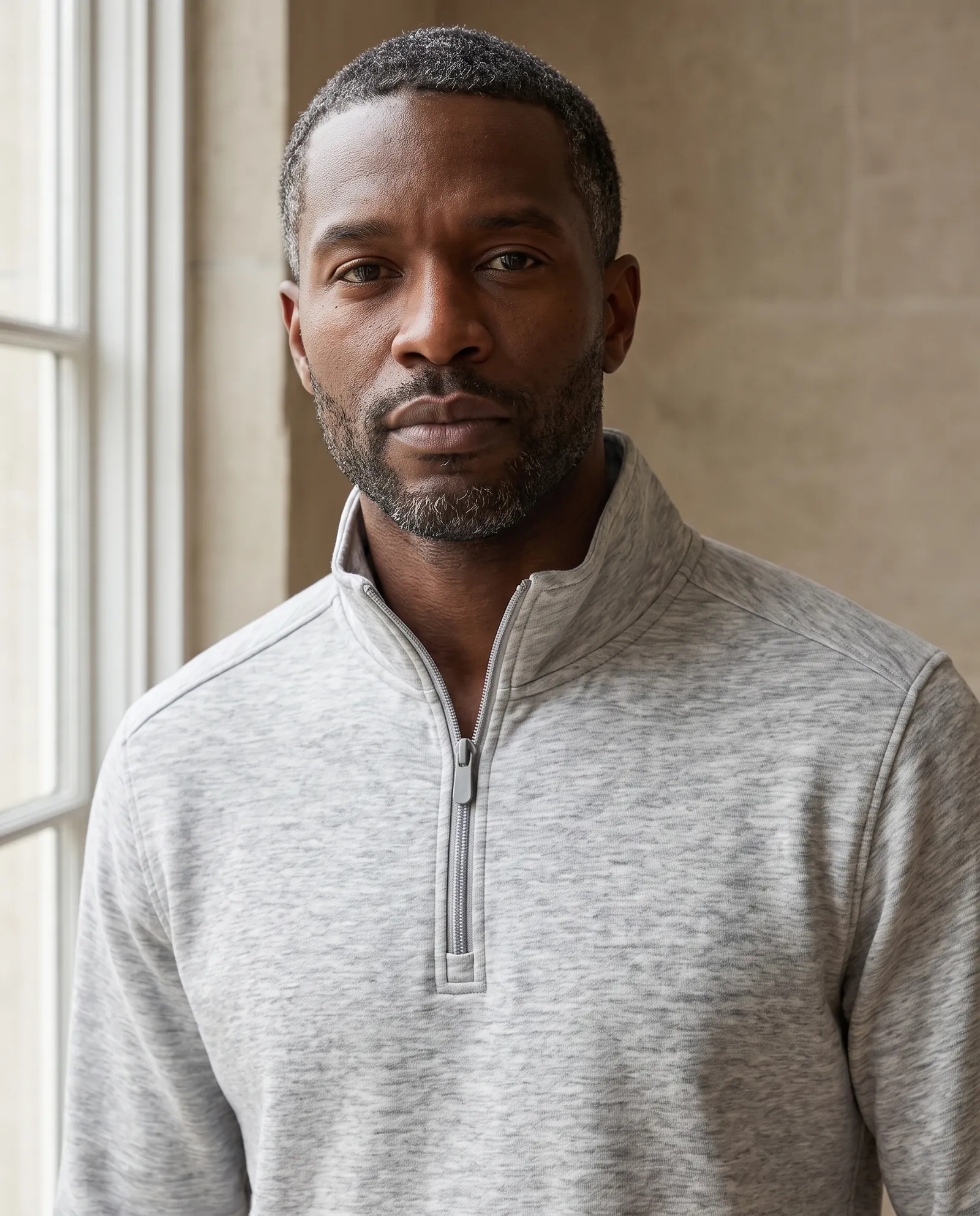 Close portrait of a man in the heather Quarter Zip, the stand collar and short zip in focus
