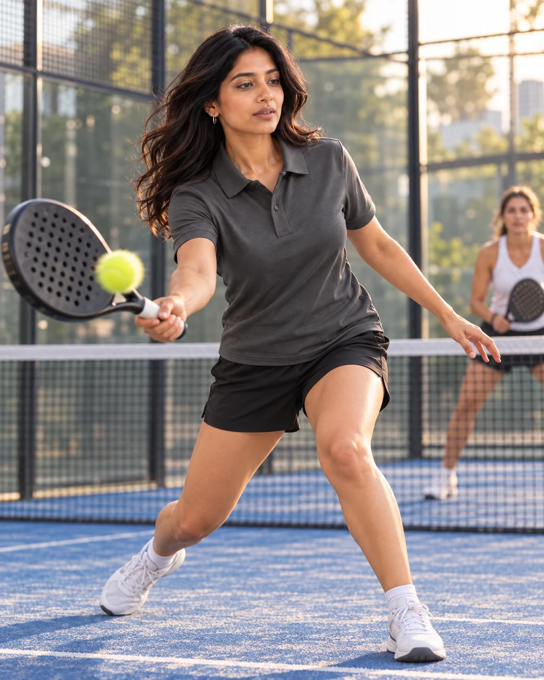 The same woman in the same charcoal Snap Polo returning a ball on a padel court